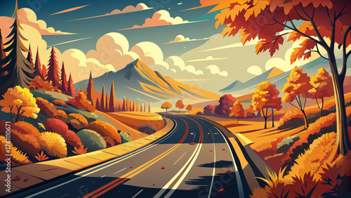 Very beautiful vintage highway framed by autumn colors and golden sunlight, evoking nostalgia and warmth, perfect for travelers seeking the magic of old American road trips and timeless journeys.