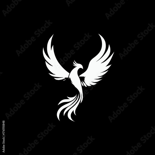 Stylized white phoenix bird silhouette graphic illustration on black background, symbolizing strength, rebirth, and spirit.