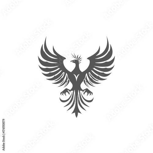 Stylized Phoenix Bird Graphic Illustration. Mythological Firebird Rising Symbol for Renewal, Strength, and Rebirth Concept.