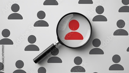 Magnifying glass over red user icon among grey user icons on a light grey background, concept for talent search, recruitment, or target audience