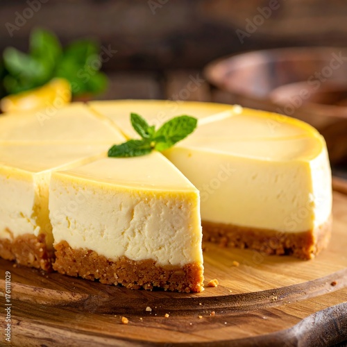 A sliced, golden cheesecake garnished with mint on a wooden cutting board