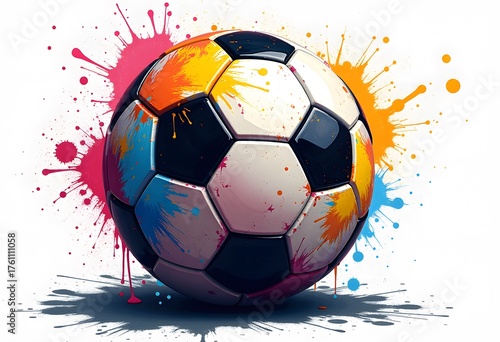 A colorful soccer ball covered in bright multicolored paint splashes