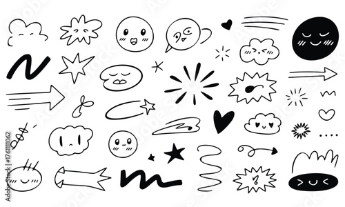 Vector cartoon doodle set of hand-drawn arrows and comic speech bubbles with smile faces, funny icons, and design elements
