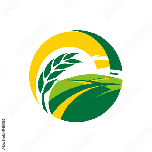 Abstract circular agricultural logo with green fields, golden wheat stalk, and vibrant sun, representing farming, nature, and organic growth.