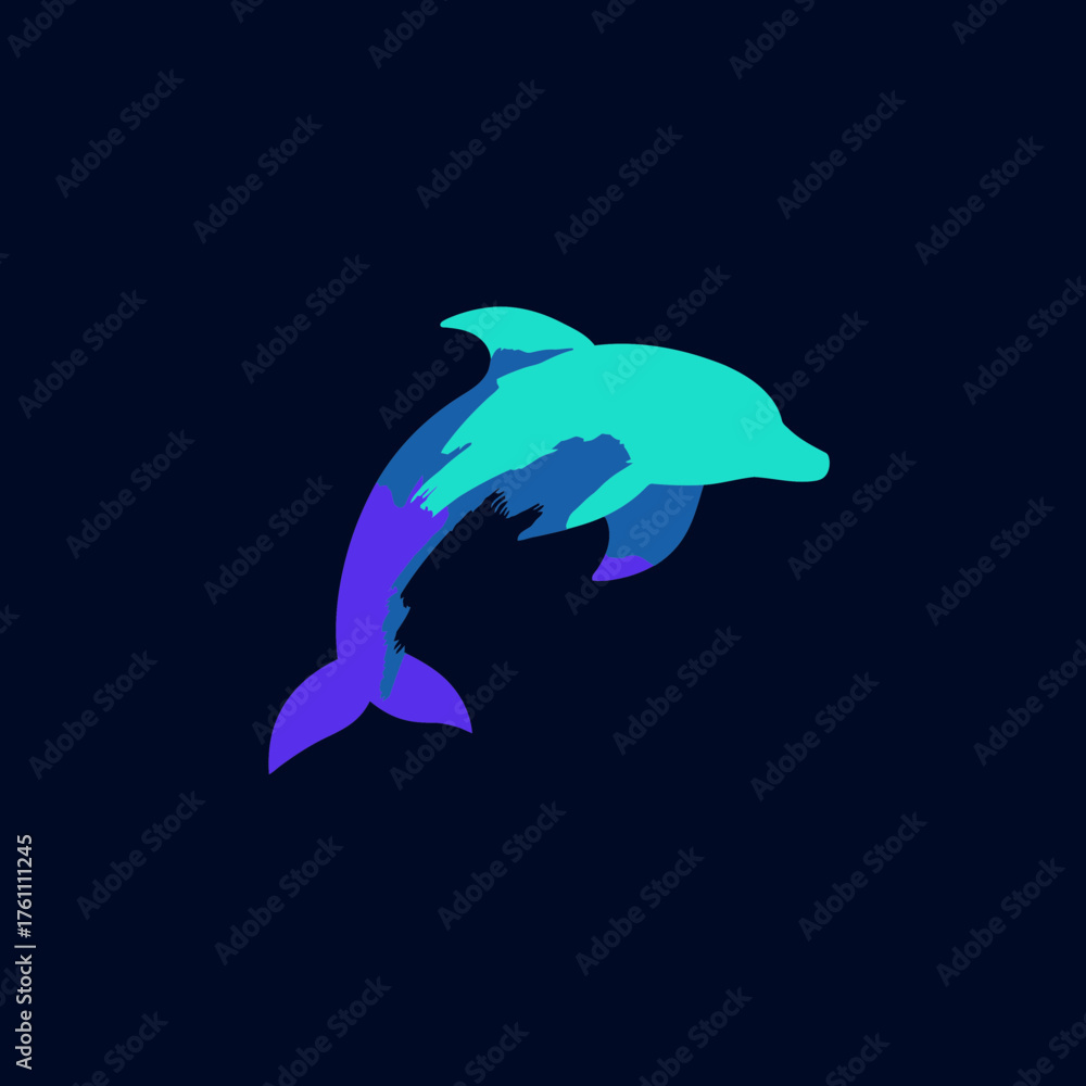Fototapeta premium Vibrant Neon Graphic Illustration of a Jumping Dolphin with Blue and Purple Gradient Colors on a Dark Background, Marine Animal Art