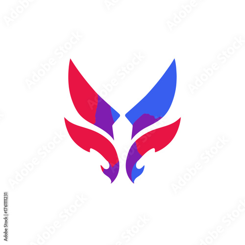 Abstract vibrant butterfly or fox head logo concept with colorful geometric shapes and flowing lines on a white background icon.