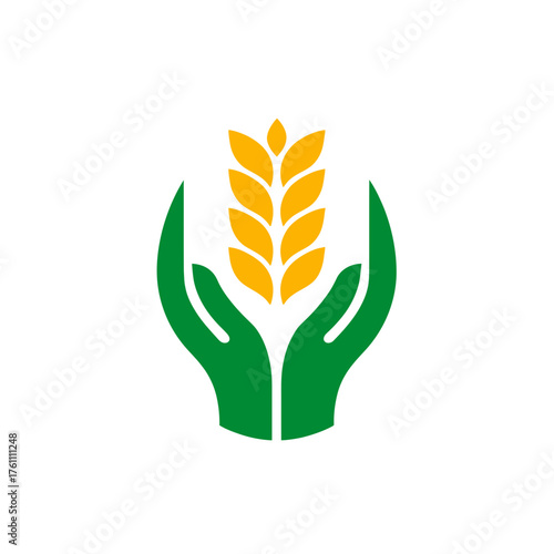 Green hands gently cupping a golden wheat ear, symbolizing agriculture, harvest, organic food, nature's bounty, and sustainable farming.