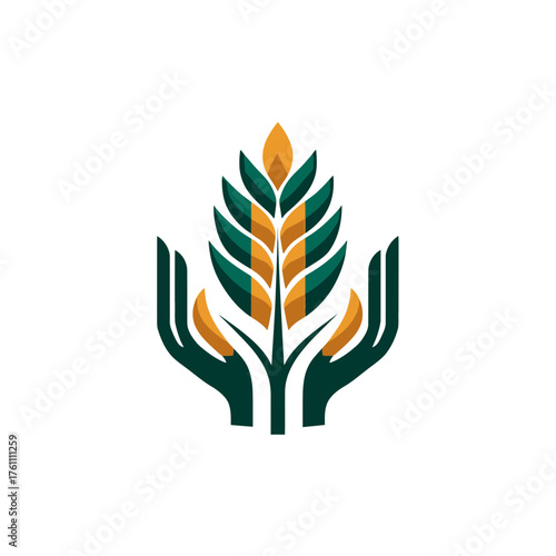 Stylized hands cradling a vibrant grain plant in green and gold, representing agriculture, sustainability, growth, and harvest concept