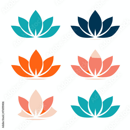 Collection of diverse, stylized lotus flower icons in various colors, perfect for wellness, yoga, spa, beauty, and spiritual graphic design projects.