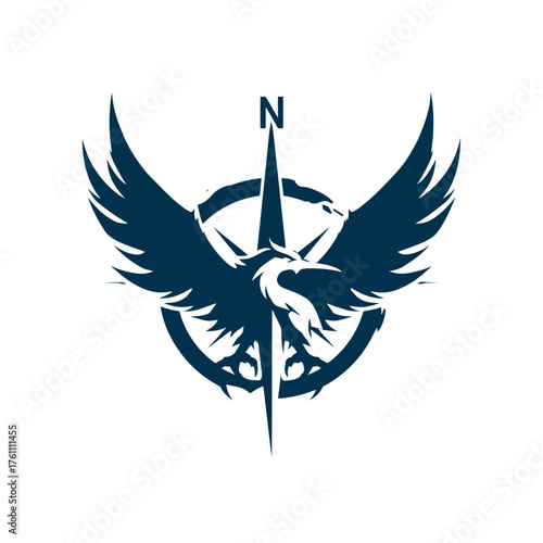 Powerful stylized bird graphic with spread wings soaring over a navigation compass pointing North, symbolizing freedom and adventure.