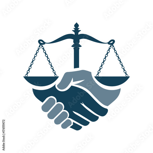 Legal justice and partnership handshake icon. Agreement concept with scales of law, fair deal solution, and equality symbol
