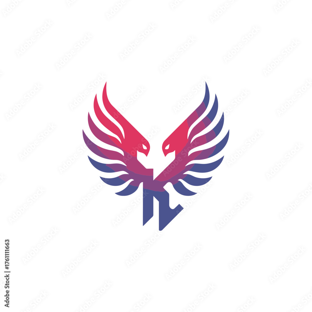 Obraz premium Dynamic modern abstract logo design featuring two stylized birds with spread wings, in a vibrant red-to-purple gradient