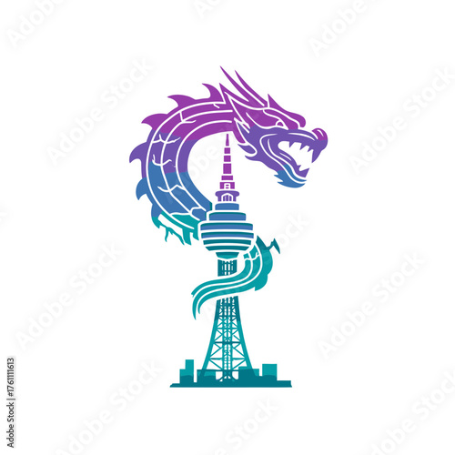 Stylized mythological dragon embracing a modern communication tower with a vibrant purple to teal gradient. Cityscape graphic design.