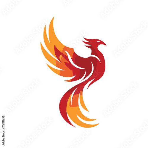 Vibrant fiery phoenix bird illustration. Stylized mythological creature symbolizing renewal, strength, and power. Graphic design element.