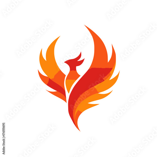 Modern abstract phoenix bird logo with fiery wings. Stylized vector icon in orange and red for branding and design projects.