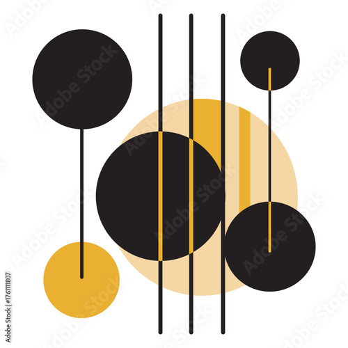 Abstract mid century modern mobile with bold colors against a light blue, geometric composition with hanging oval and circular shapes in maroon against a light blue background with a white circle.