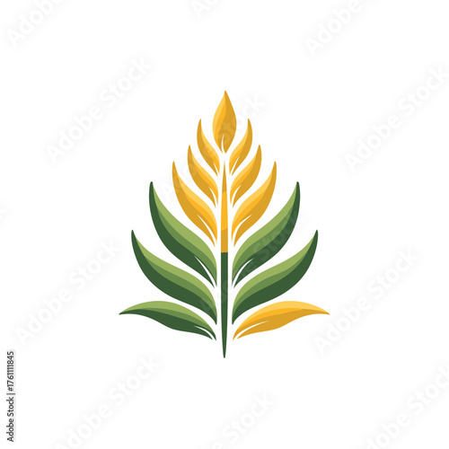 Stylized golden wheat stalk and green leaves. Symbol of agriculture, organic farm, food, nature, harvest, and natural growth.