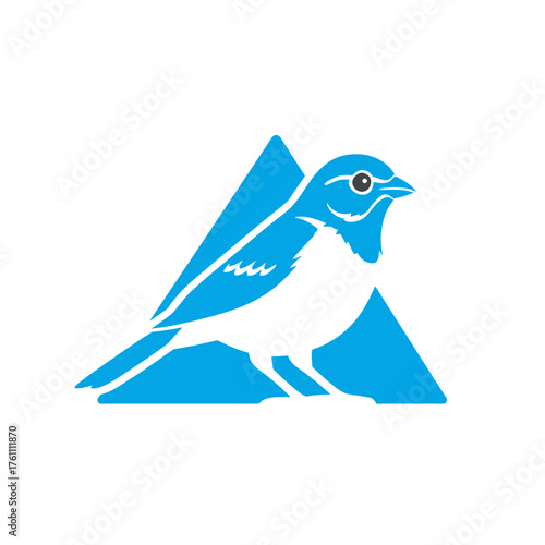 Modern minimalist bird logo icon with abstract blue geometric triangle shape. Stylized perching bird silhouette vector graphic.