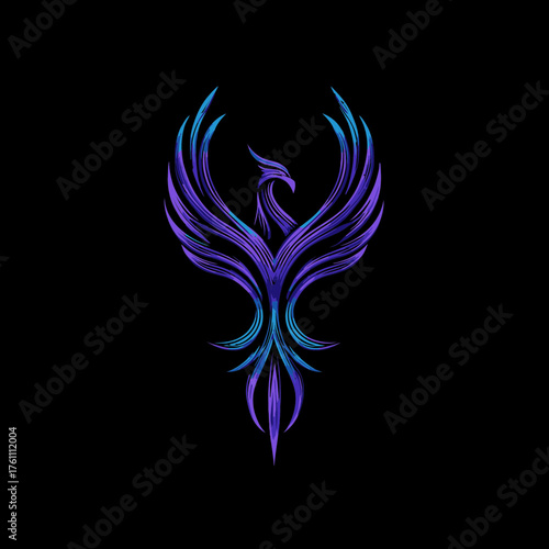 Elegant stylized phoenix bird illustration with majestic spread wings in vibrant purple and blue colors on a solid black background, symbolizing strength and rebirth.