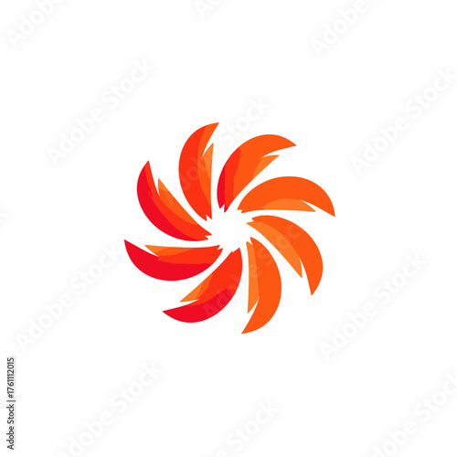 Abstract red and orange dynamic swirl graphic design element. Modern energetic fire flame icon, rotating sun or power symbol.