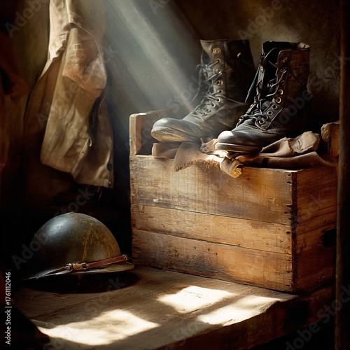 Evocative stillness: Military artifacts in a dimly lit, rustic interior atmosphere