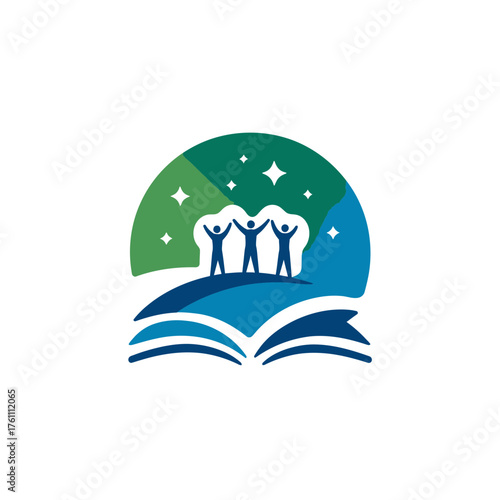 Vibrant illustration of three people celebrating on an open book, symbolizing education, knowledge, teamwork, academic achievement, and future success.