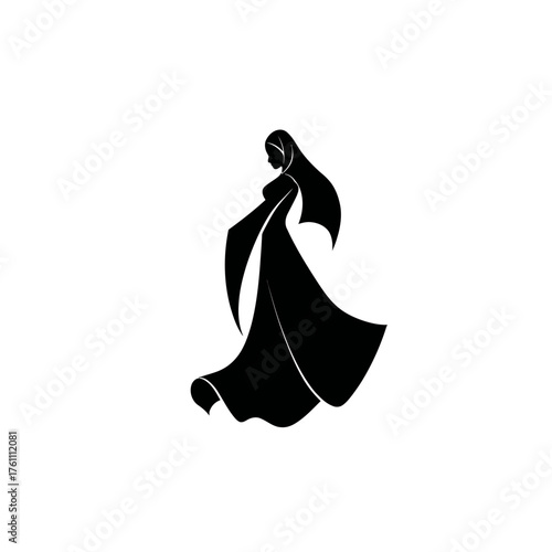 Elegant silhouette of a woman wearing a modest headscarf and flowing dress, representing grace, tradition, and cultural beauty.