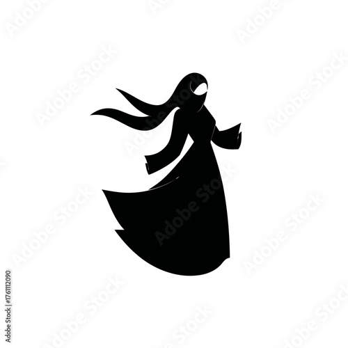 Graceful Muslim woman silhouette in flowing abaya and hijab, depicting modest fashion and cultural elegance, isolated black icon.