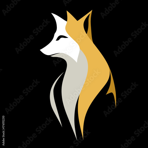 Elegant minimalist vector illustration of a fox head in profile with golden and white colors on a black background, modern animal graphic.