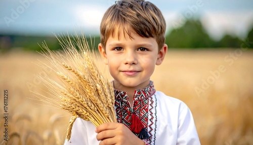 A smiling boy holds wheat, posing in a golden field, with blue sky