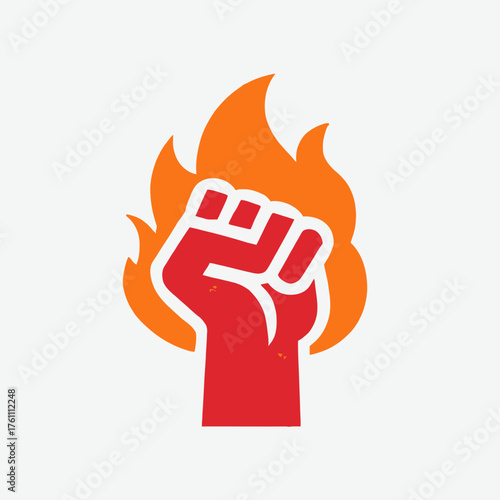 Powerful raised red fist with fiery flames. Symbol of protest, strength, revolution, energy, defiance, and determination. Social justice graphic.