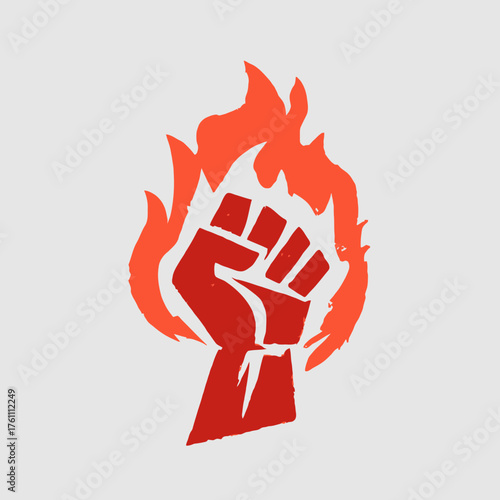Powerful Raised Clenched Fist Symbol with Red and Orange Flames, Representing Protest, Strength, Revolution, and Activism