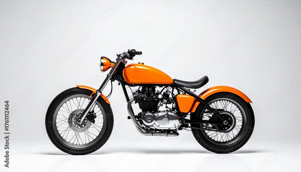 Fototapeta premium Vibrant Orange Custom Motorcycle: Studio Profile of a Retro Bobber Chopper Build
