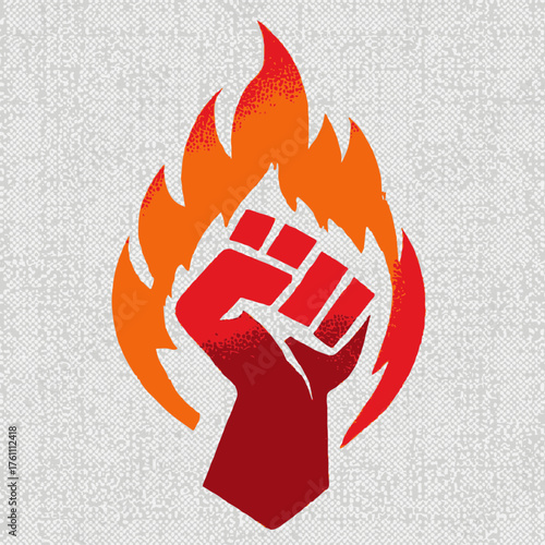 Fiery clenched fist symbol illustration, representing power, strength, protest, revolution, unity, passion, and determination.