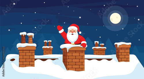Flat vector of cheerful Santa waving from chimney on snowy roof beneath starry winter sky, joyful Christmas Eve moment