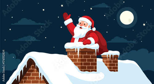 Flat vector of cheerful Santa waving from chimney on snowy roof beneath starry winter sky, joyful Christmas Eve moment