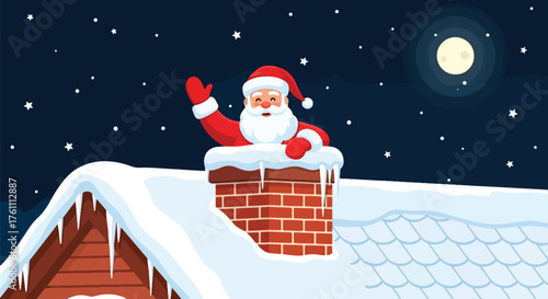 Flat vector of cheerful Santa waving from chimney on snowy roof beneath starry winter sky, joyful Christmas Eve moment