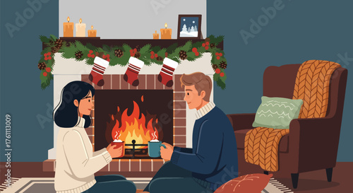 Romantic flat vector of couple enjoying hot cocoa beside glowing fireplace, cozy indoor Christmas evening of warmth and love