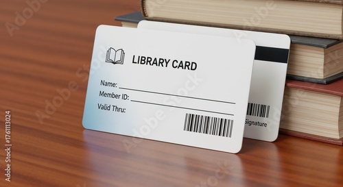 Library card on wooden table with books in background displaying member ID and barcode. Library card features essential details like name and valid through date for reader's access.