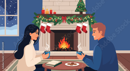 Romantic flat vector of couple enjoying hot cocoa beside glowing fireplace, cozy indoor Christmas evening of warmth and love