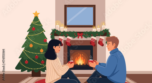 Romantic flat vector of couple enjoying hot cocoa beside glowing fireplace, cozy indoor Christmas evening of warmth and love
