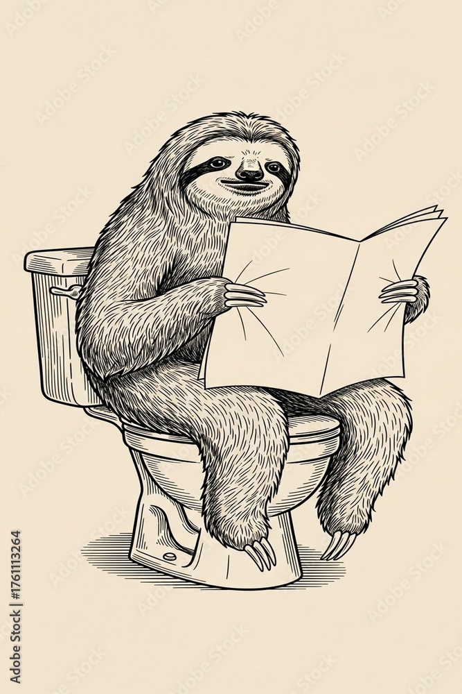 Obraz premium A charming illustration of a sloth reading while seated on a toilet, a whimsical portrayal of a relaxed moment, full of humor and unique charm.