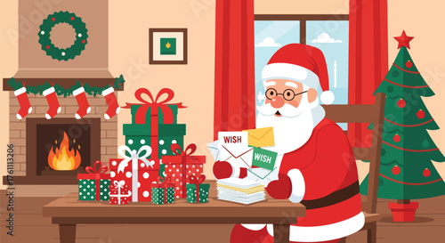 Flat vector of Santa reading children’s wish letters at desk surrounded by gifts, classic Christmas preparation theme