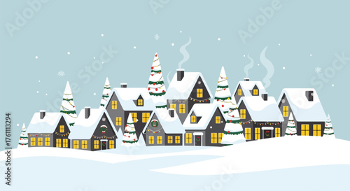Flat vector of cozy snow-covered Christmas village with decorated houses and trees, peaceful festive winter scene