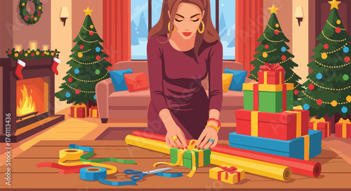 Flat vector of woman wrapping Christmas presents on table with ribbons and paper, festive holiday preparation scene