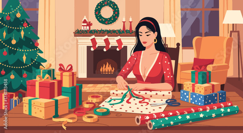 Flat vector of woman wrapping Christmas presents on table with ribbons and paper, festive holiday preparation scene