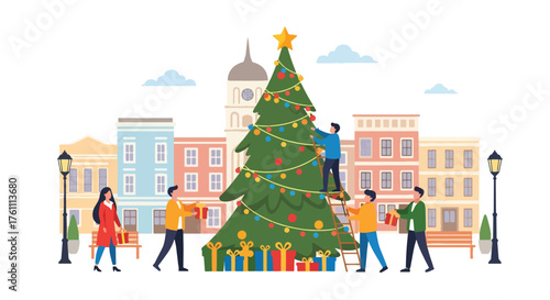 Flat vector of people decorating large outdoor Christmas tree in snowy town square, joyful community celebration