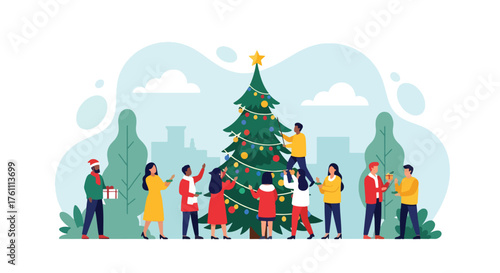 Flat vector of people decorating large outdoor Christmas tree in snowy town square, joyful community celebration