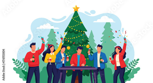 Flat vector of friends celebrating Christmas party indoors with music, DJ, drinks, confetti, and laughter, cheerful festive moment