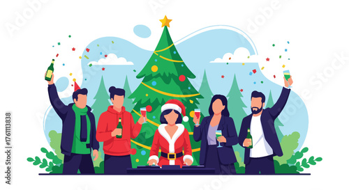 Flat vector of friends celebrating Christmas party indoors with music, DJ, drinks, confetti, and laughter, cheerful festive moment
